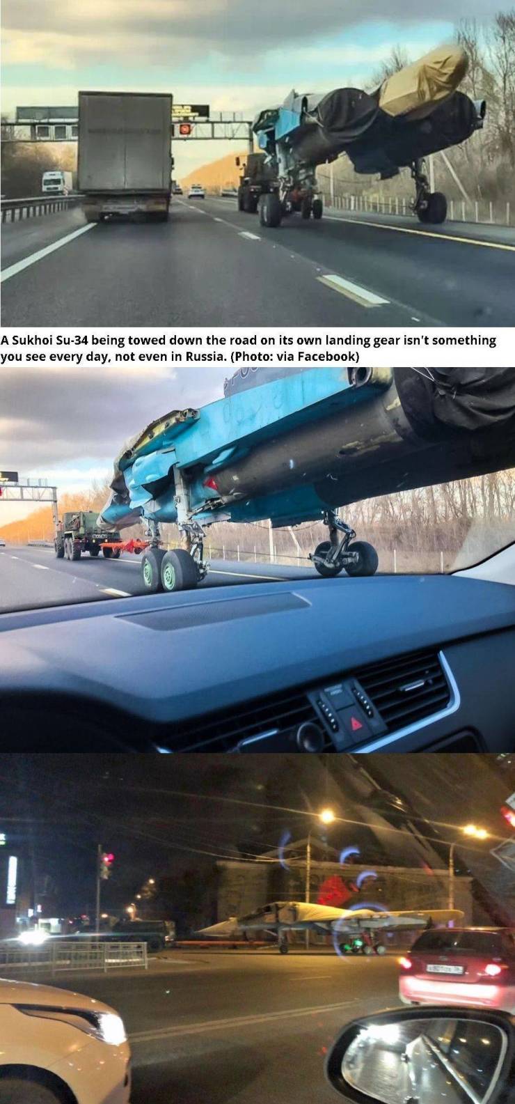 airline - O E A Sukhoi Su34 being towed down the road on its own landing gear isn't something you see every day, not even in Russia. Photo via Facebook