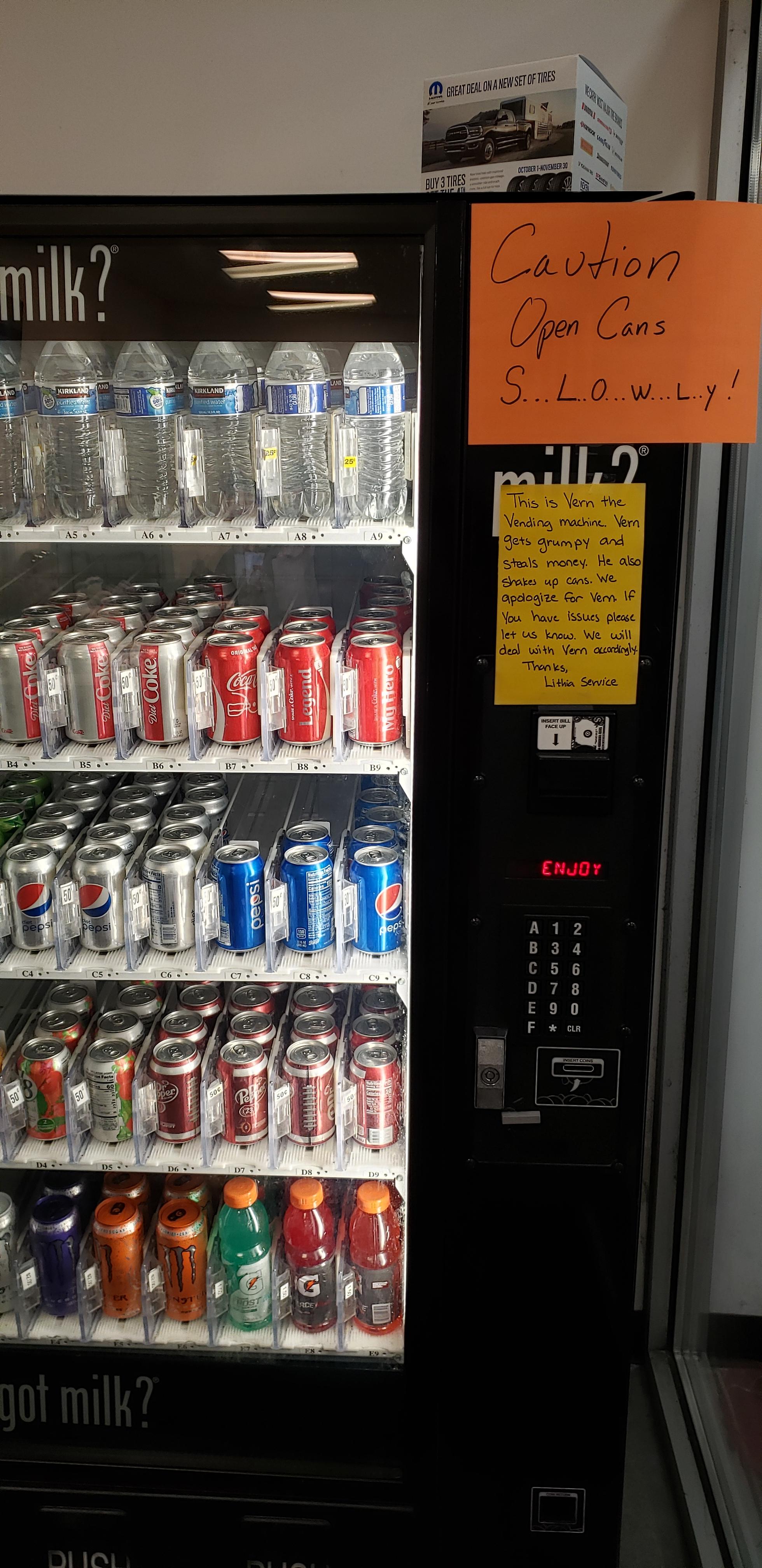 vending machine - Caution Open Cans S.. Lowry! got milk?