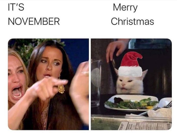 woman yelling at a cat meme where Taylor Armstrong is yelling 'it's november' and smudge the cat is wearing a christmas hat and meowing 'merry christmas'