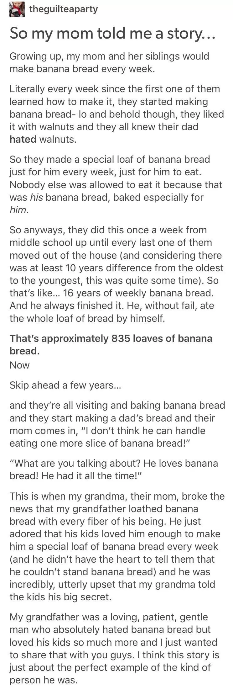 document - theguiteaparty So my mom told me a story... Growing up, my mom and her siblings would ma banana bread every week Liely every since the first one of them learned how to make it, they started making banana breadla and behold though, they led it w