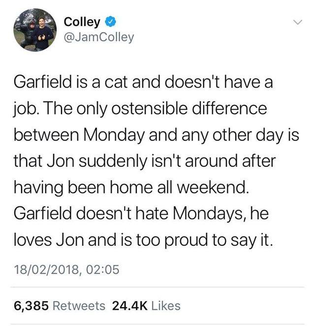 10 years from now you re married nice home - Colley Garfield is a cat and doesn't have a job. The only ostensible difference between Monday and any other day is that Jon suddenly isn't around after having been home all weekend. Garfield doesn't hate Monda