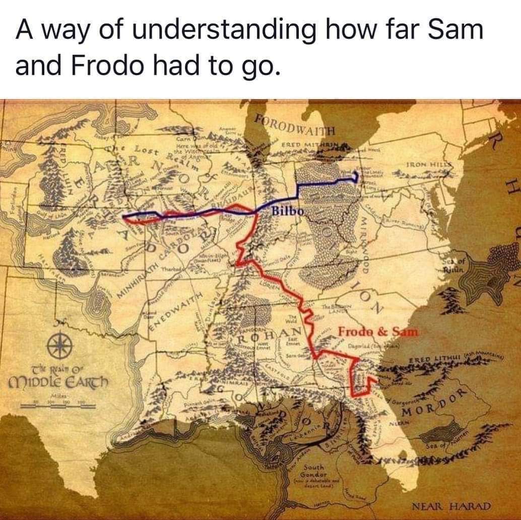 map of middle earth frodo's journey - A way of understanding how far Sam and Frodo had to go. Forodwaith Rid st Iron Hele Uin Forlindor Mirkwood Se of Minhirath CARDotar En Edwaith Frode & Sam falo Middle Earth Y Gorgorat Mordor South Near Harad