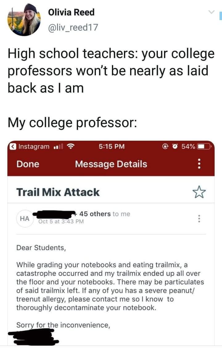 document - Olivia Reed High school teachers your college professors won't be nearly as laid back as I am My college professor @ 54% Instagram Done Message Details Trail Mix Attack Ha 45 others to me Oct 5 at Dear Students, While grading your notebooks and