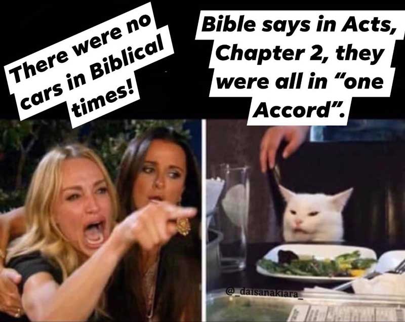 woman yelling at a cat meme where the woman is yelling 'there were no cars in biblical times' and the cat is saying 'bible says in Acts, chapter 2, they were all in one accord'