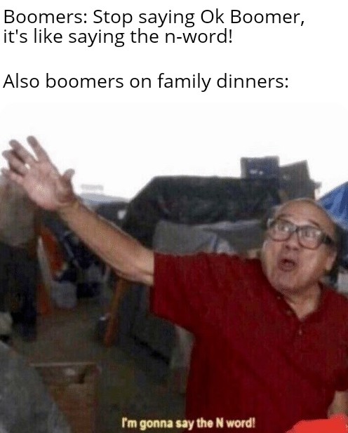 best meme - i m about to say the n word - Boomers Stop saying Ok Boomer, it's saying the nword! Also boomers on family dinners I'm gonna say the N word!