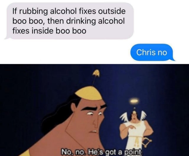 best meme - emperor's new groove funny quotes - If rubbing alcohol fixes outside boo boo, then drinking alcohol fixes inside boo boo Chris no No, no. He's got a point