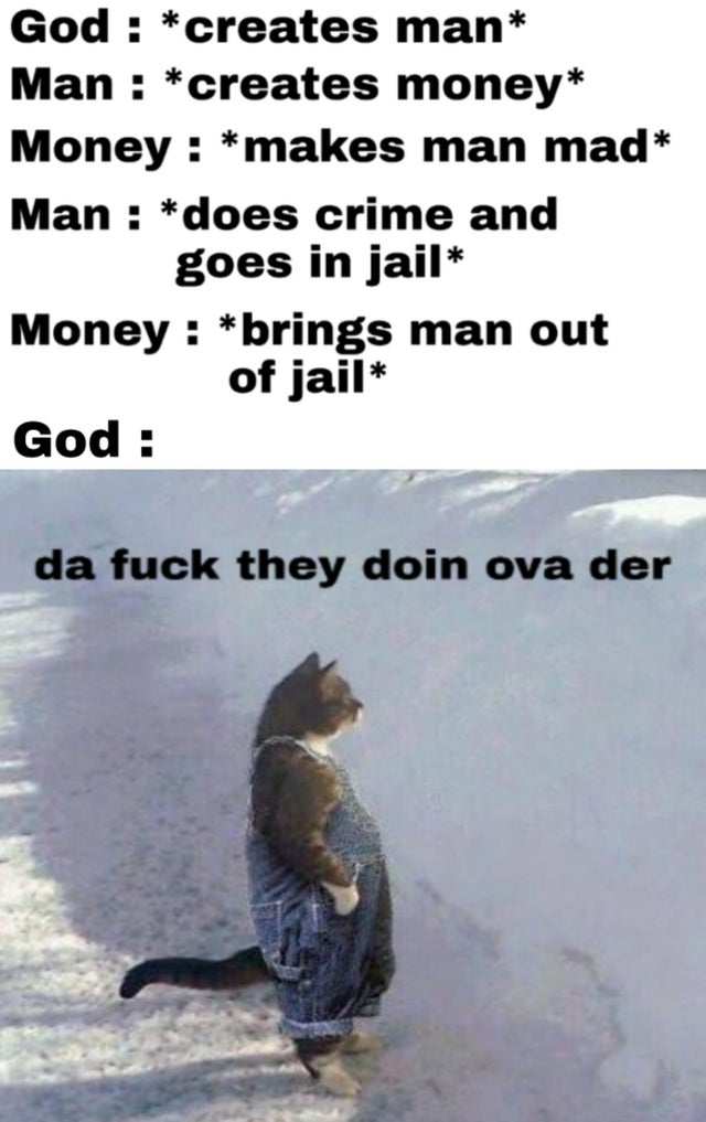 best meme - da fuck they doin ova der - God creates man Man creates money Money makes man mad Man does crime and goes in jail Money brings man out of jail God da fuck they doin ova der