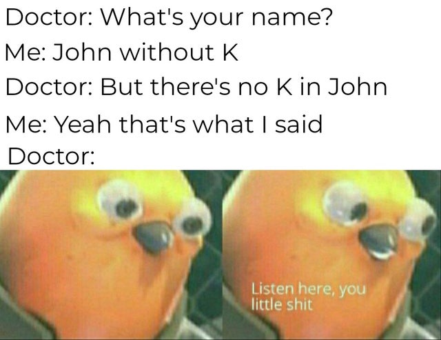 best meme - listen here you little meme bird - Doctor What's your name? Me John without K Doctor But there's no K in John Me Yeah that's what I said Doctor Listen here, you little shit