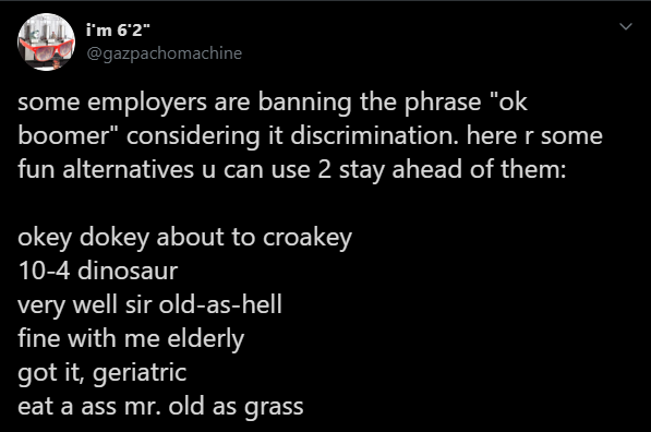 ok boomer meme tweet that says 'some employers are banning the phrase ok boomer considering it discrimination. here r some fun alternatives u can use 2 stay ahead of them - okey dokey about to croakey, 10-4 dinosaur, very well sir old-as-hell, fine with m