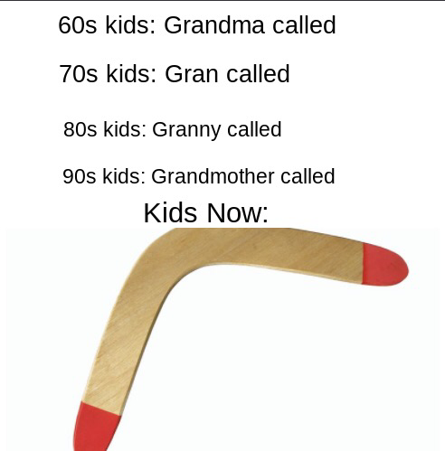 ok boomer meme - Internet meme - 60s kids Grandma called 70s kids Gran called 80s kids Granny called 90s kids Grandmother called Kids Now