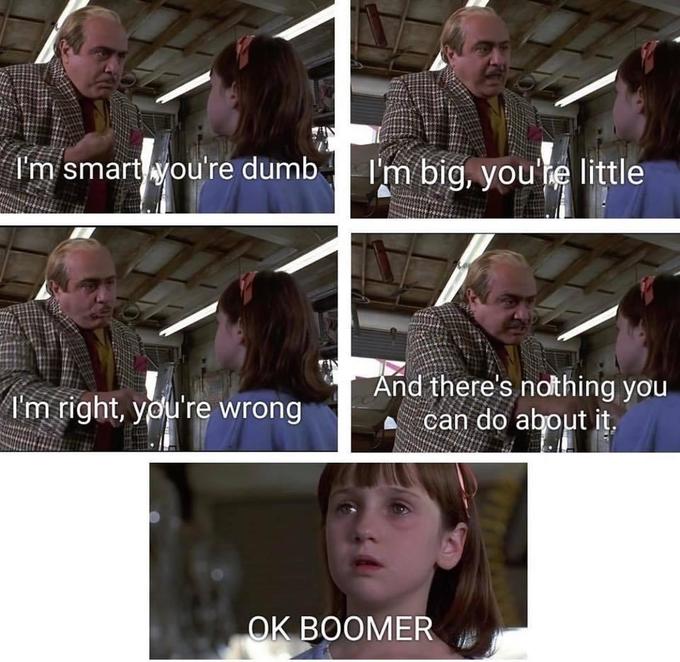 ok boomer meme - danny devito in matilda - I'm smart you're dumb I'm big, you're little I'm right, you're wrong And there's nothing you can do about it Ok Boomer