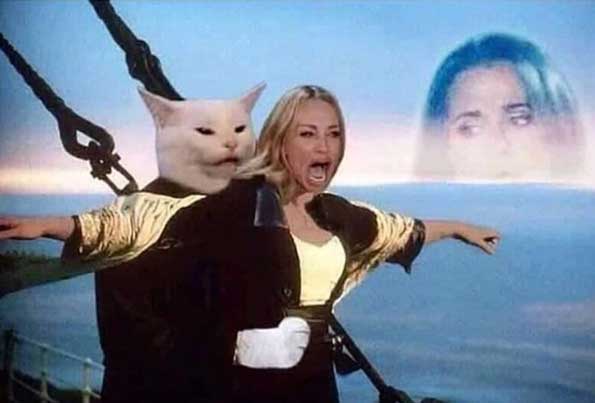 Woman yelling at a cat meme set in the Titanic Movie and the cat is Leonardo Dicaprio as Jack Dawson and the yelling woman is Kate Winslet as Rose DeWitt Bukater