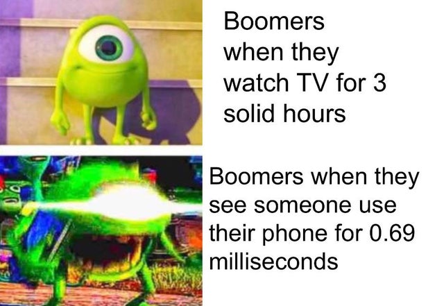 Boomers when they watch tv for 3 hours and boomers when they see anyone pull out their phone for a fraction of a second. OK Boomer meme