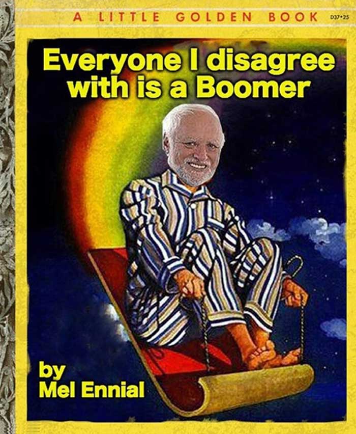 Ok Boomer meme that is a fake little golden book titled 'everyone i disagree with is a boomer' by 'mel ennial'