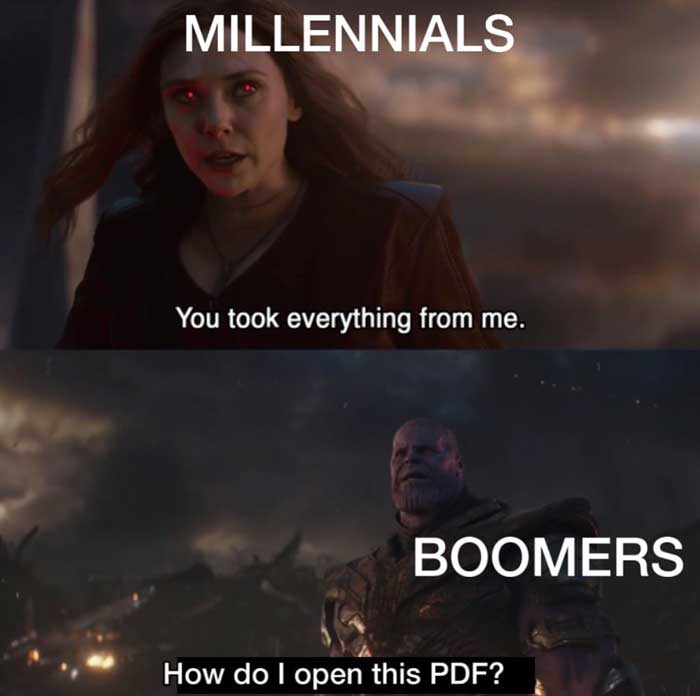 Avengers meme where Thanos is labeled 'boomers' and asking 'how do i open this pdf'