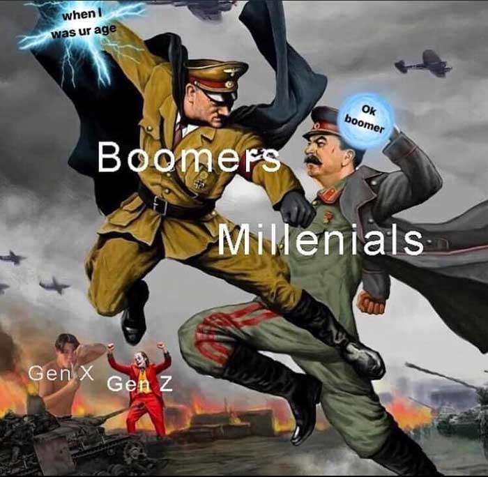 Okay Boomer meme where hitler is boomers with a label on his fist says 'when i was ur age' and stalin's fist has 'ok boomer' and joker is labeled gen z in the back