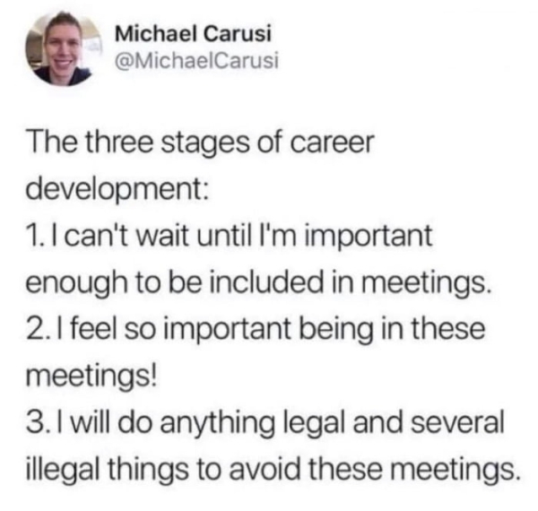 hate it when people say they re still your family - Michael Carusi The three stages of career development 1. I can't wait until I'm important enough to be included in meetings. 2. I feel so important being in these meetings! 3. I will do anything legal an