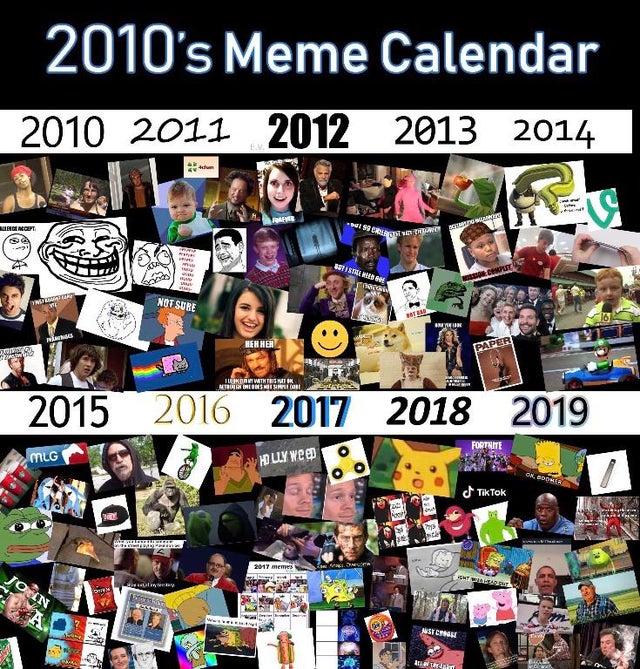 best-meme-ever-collage - 2010's Meme Calendar 2010 2011 2012 2013 2014 Ha 14 Ho Errero Brasil Not Sube Behnen 2015 2016 2017 2018 2019 Fortnite Mlg a Hd Llywood TikTok Jo In