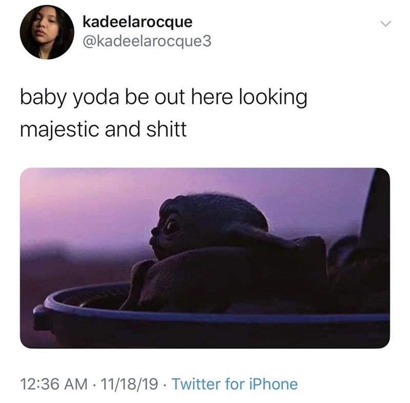 baby yoda meme -  kadeelarocque baby yoda be out here looking majestic and shitt 111819 . Twitter for iPhone