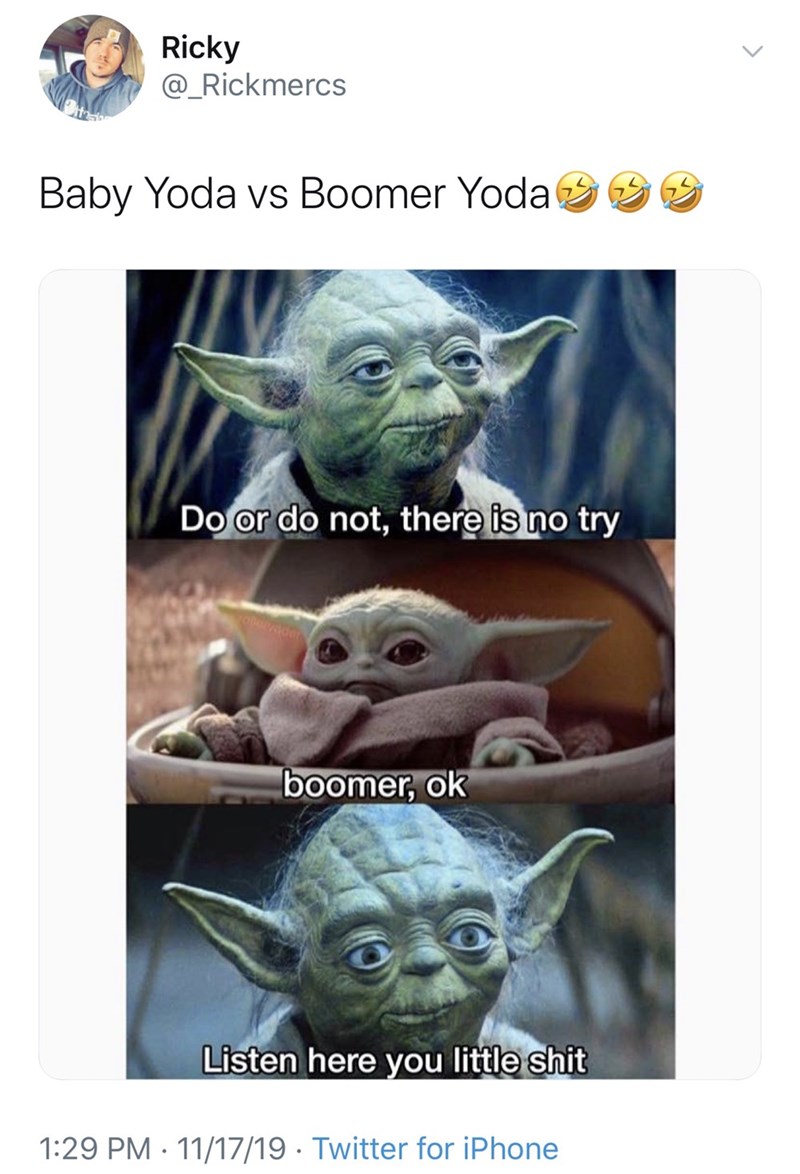 baby yoda meme -  Ricky Baby Yoda vs Boomer Yoda 33 Do or do not, there is no try boomer, ok Listen here you little shit 111719. Twitter for iPhone