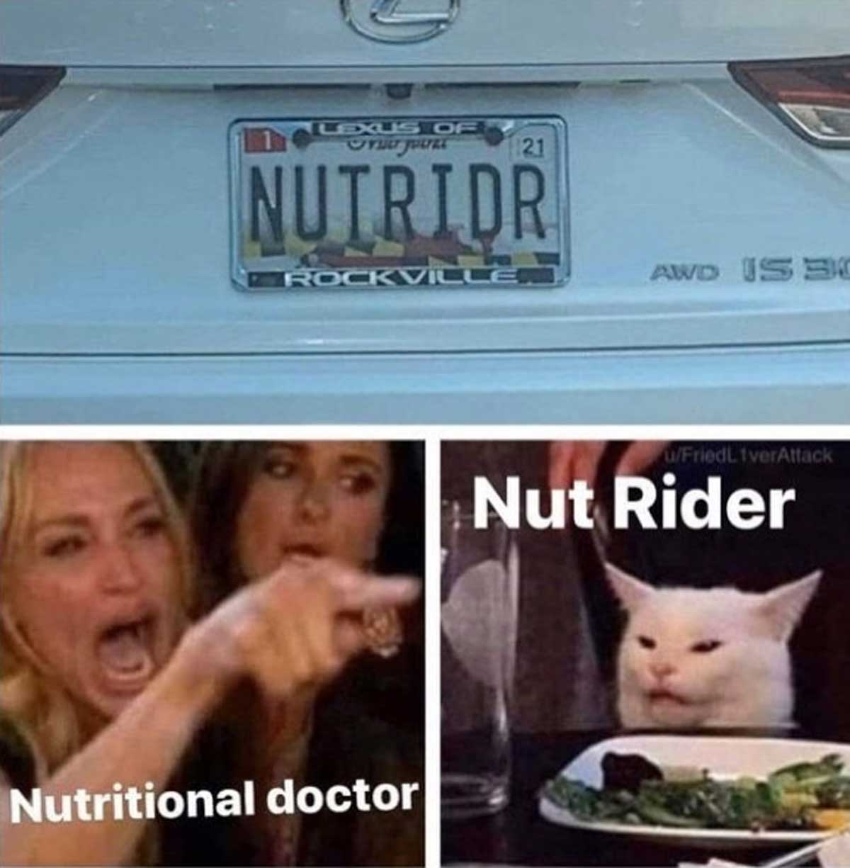 woman yelling at a cat meme about a license plate that says 'NUTRIDR' and the woman is yelling Nutritional doctor and the cat is yelling Nut Rider