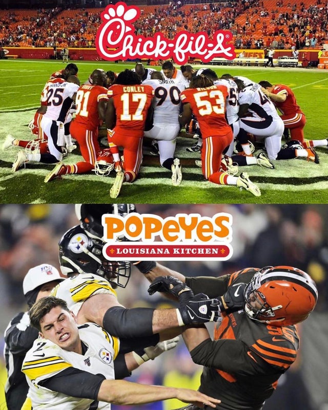Popeyes Chicken vs Chik fil a Myles Garret NFL helmet meme