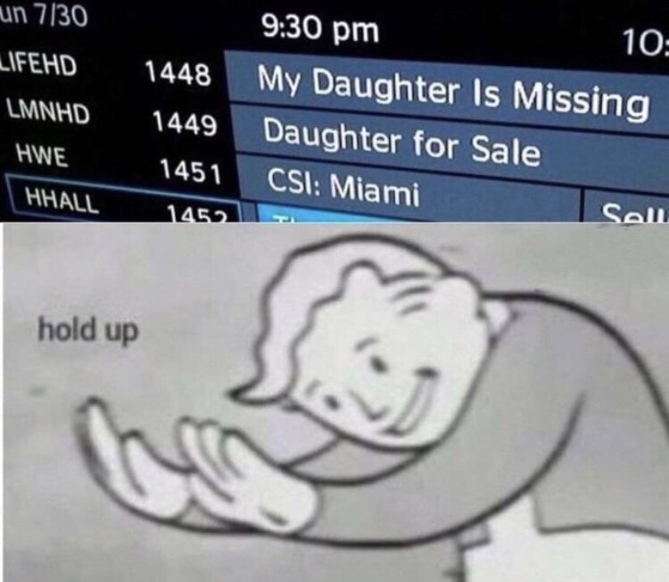 gaming memes - un 730 Lifehd Lmnhd 10 1448 My Daughter is Missing 1449 Daughter for Sale '1451 Csi Miami Sell Hwe Hhall 1452 hold up
