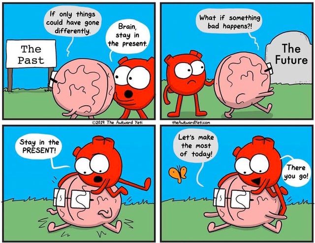 comics - If only things could have gone differently. What if something bad happens?! Brain, stay in the present The Past The Future 2019 The Awkward Yeti the Awkwardyeti.com Stay in the Present! Let's make the most of today! Sub There you go! mshorn nos.