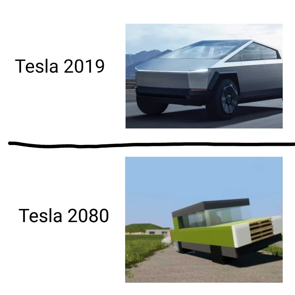 Picture of the new Tesla Cybertruck with the caption 'Tesla 2019' and a picture of an 8bit car in a video game with the caption 'Tesla 2080'