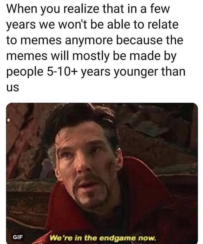 dank christian memes - When you realize that in a few years we won't be able to relate to memes anymore because the memes will mostly be made by people 510 years younger than us Gif We're in the endgame now