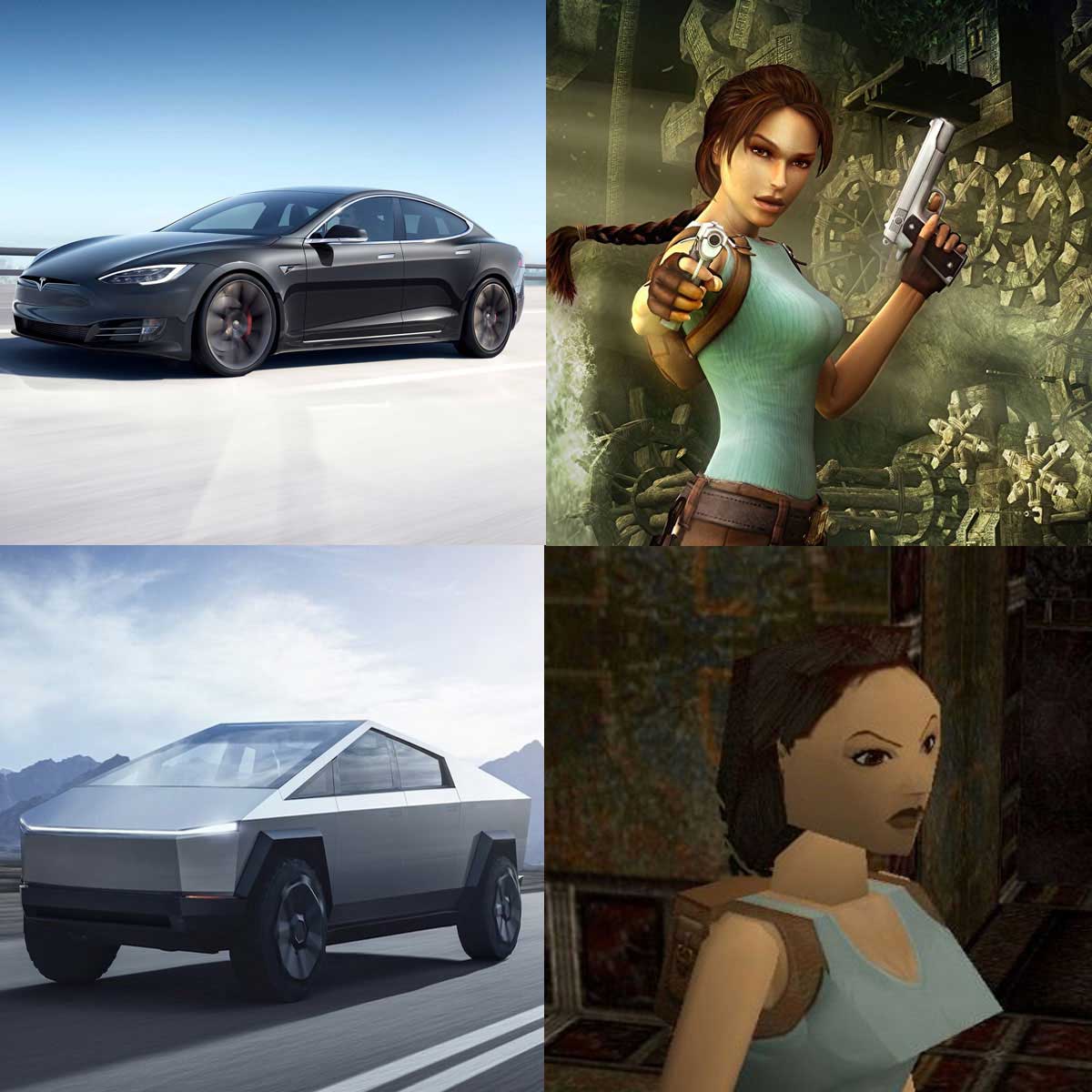 Photo of a Tesla sudan next to a high resolution rendering of Tomb Raider's Lara Croft and then a photo of a Tesla Cybertruck next to a low quality rendering of Lara Croft from the first Tomb Raider video game