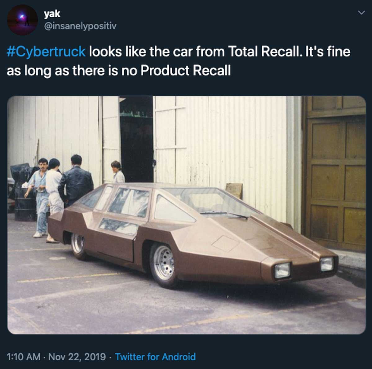total recall cars - yak looks the car from Total Recall. It's fine as long as there is no Product Recall . Twitter for Android,