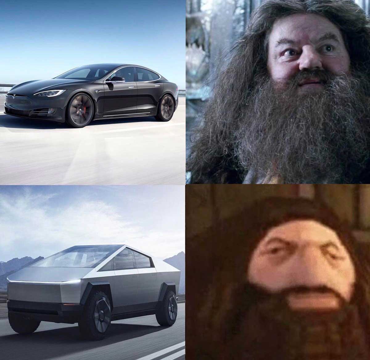 Cybertruck meme of a beautiful Tesla car and an image of Hagrid from Harry Potter then a picture of the Cybertruck with a low quality rendering of Hagrid from a Harry Potter video game
