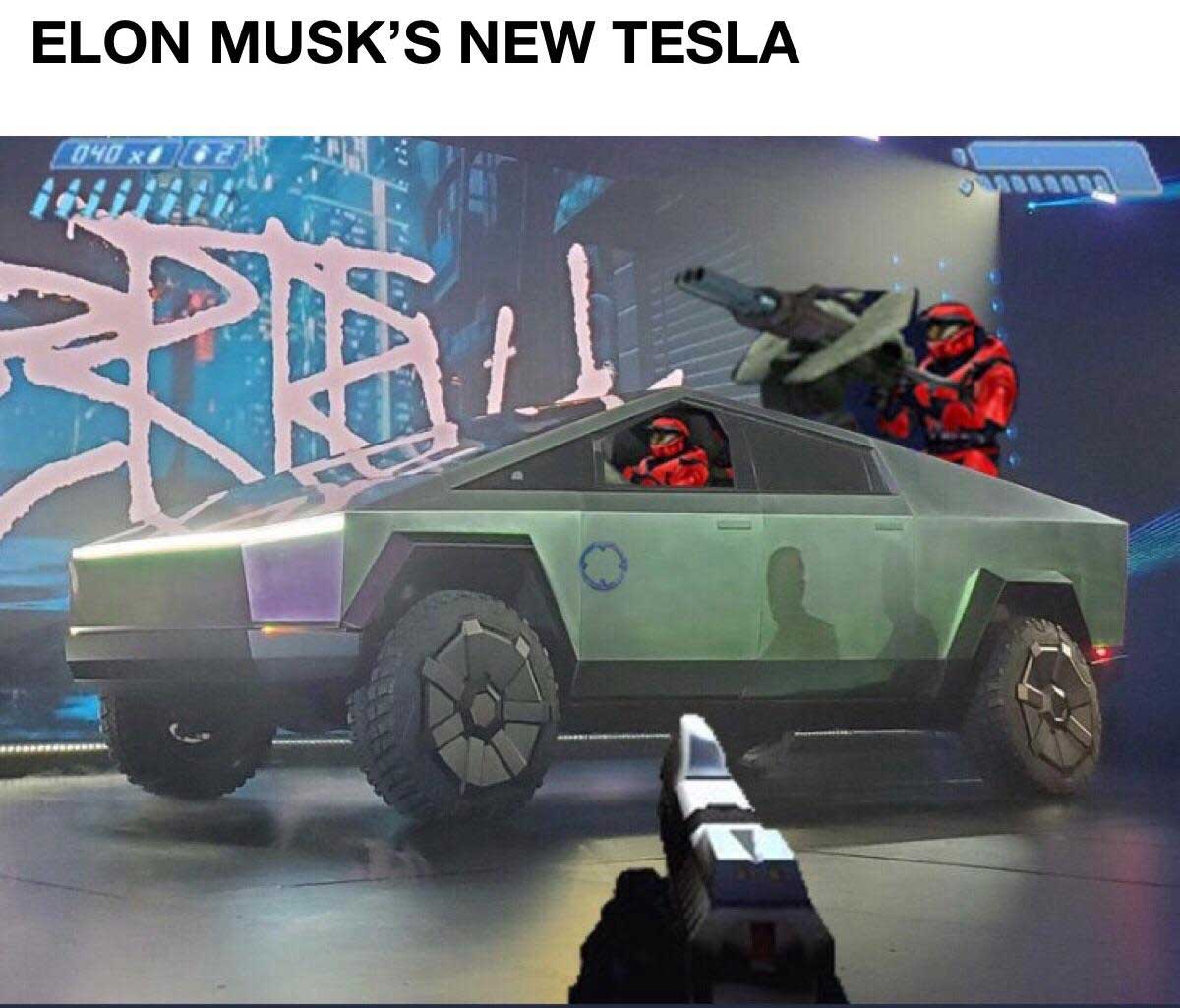 Cybertruck meme with the caption 'elon musks new Tesla' and a photoshopped image of the Cybertruck with Halo characters driving and in the back