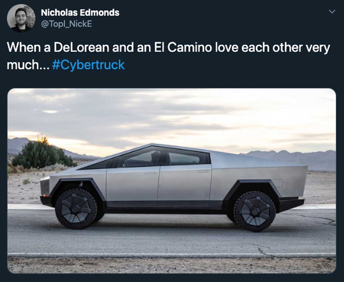 Funny Cybertruck tweet that says 'when a Delorean and an El Camino love each other very much'
