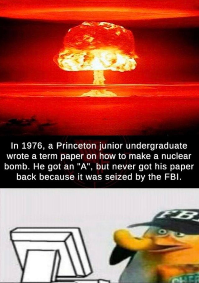 dank meme - fbi skipper - In 1976, a Princeton junior undergraduate wrote a term paper on how to make a nuclear bomb. He got an "A", but never got his paper back because it was seized by the Fbi.