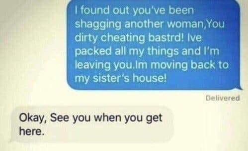 document - I found out you've been shagging another woman, You dirty cheating bastrd! Ive packed all my things and I'm leaving you.Im moving back to my sister's house! Delivered Okay, See you when you get here.