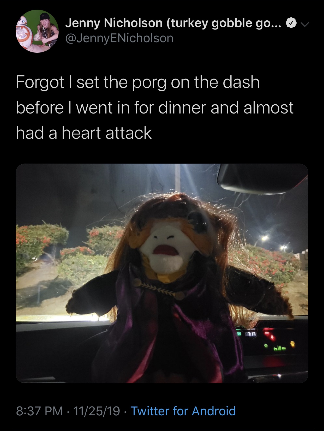 meme - photo caption - Jenny Nicholson turkey gobble go... Forgot I set the porg on the dash before I went in for dinner and almost had a heart attack an Aldo 112519 Twitter for Android