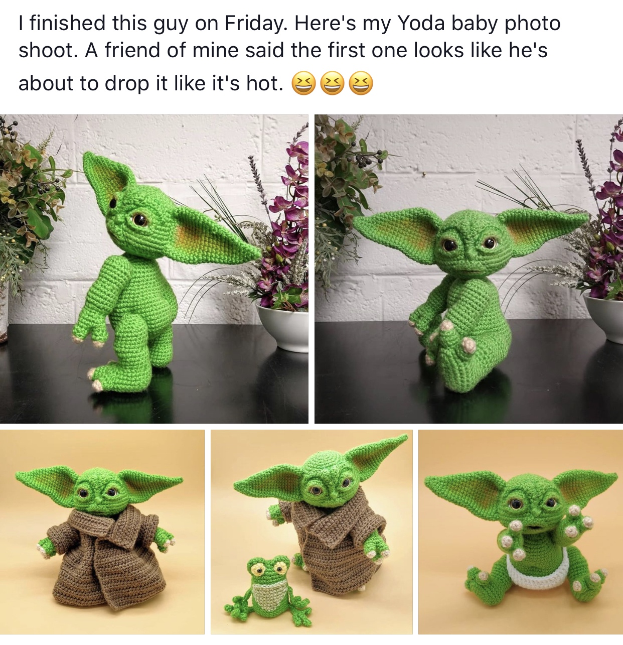 meme - creative arts - I finished this guy on Friday. Here's my Yoda baby photo shoot. A friend of mine said the first one looks he's about to drop it it's hot.