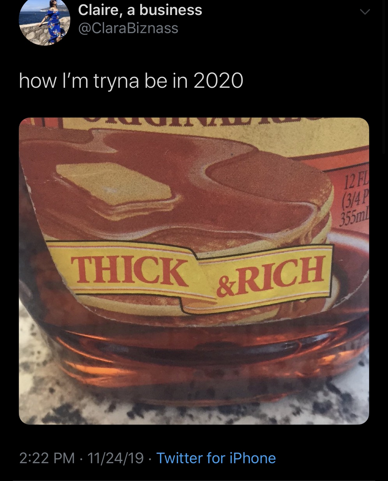 meme - orange - Claire, a business how I'm tryna be in 2020 Thick Rich 112419. Twitter for iPhone