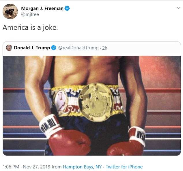rocky balboa - Morgan J. Freeman America is a joke. Donald J. Trump Trump. 2h from Hampton Bays, Ny Twitter for iPhone