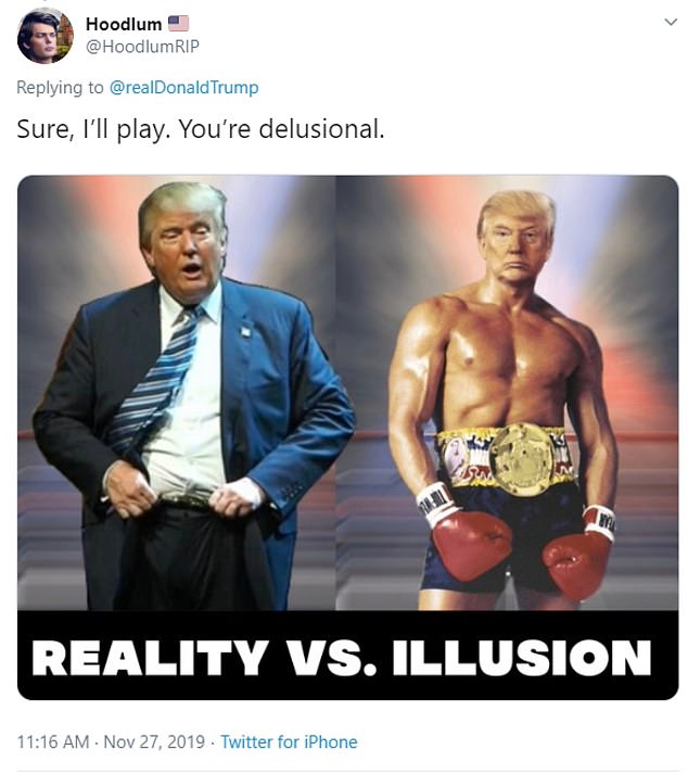 boxing glove - Hoodlum Rip Trump Sure, I'll play. You're delusional. Reality Vs. Illusion . . Twitter for iPhone