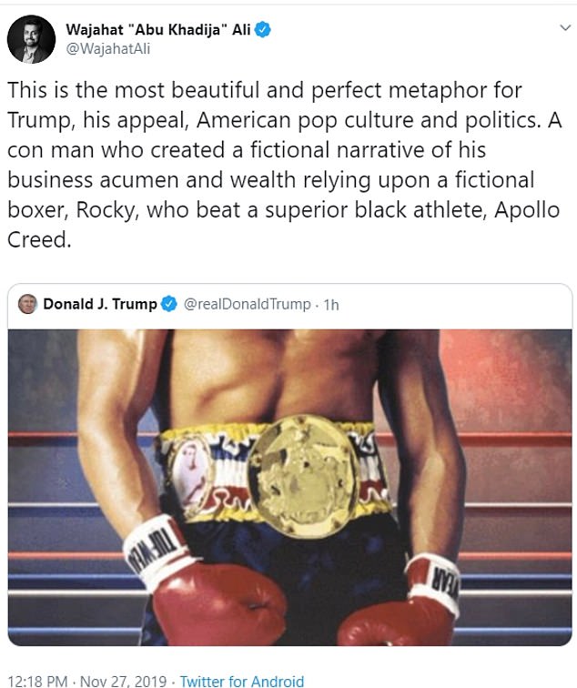 trump rocky balboa - Wajahat "Abu Khadija" Ali This is the most beautiful and perfect metaphor for Trump, his appeal, American pop culture and politics. A con man who created a fictional narrative of his business acumen and wealth relying upon a fictional
