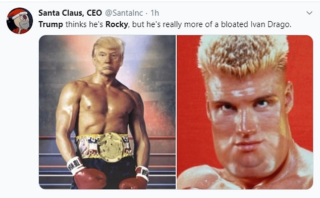 muscle - Santa Claus, Ceo . 1h Trump thinks he's Rocky, but he's really more of a bloated Ivan Drago.