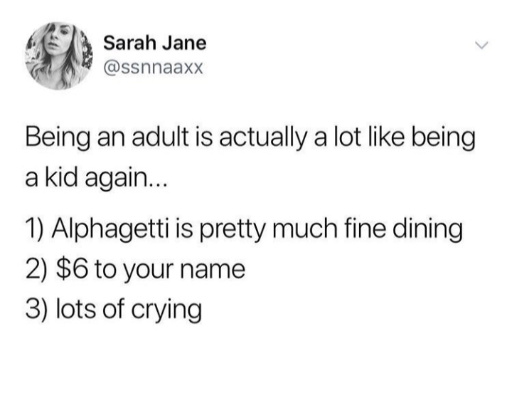 document - Sarah Jane Being an adult is actually a lot being a kid again... 1 Alphagetti is pretty much fine dining 2 $6 to your name 3 lots of crying