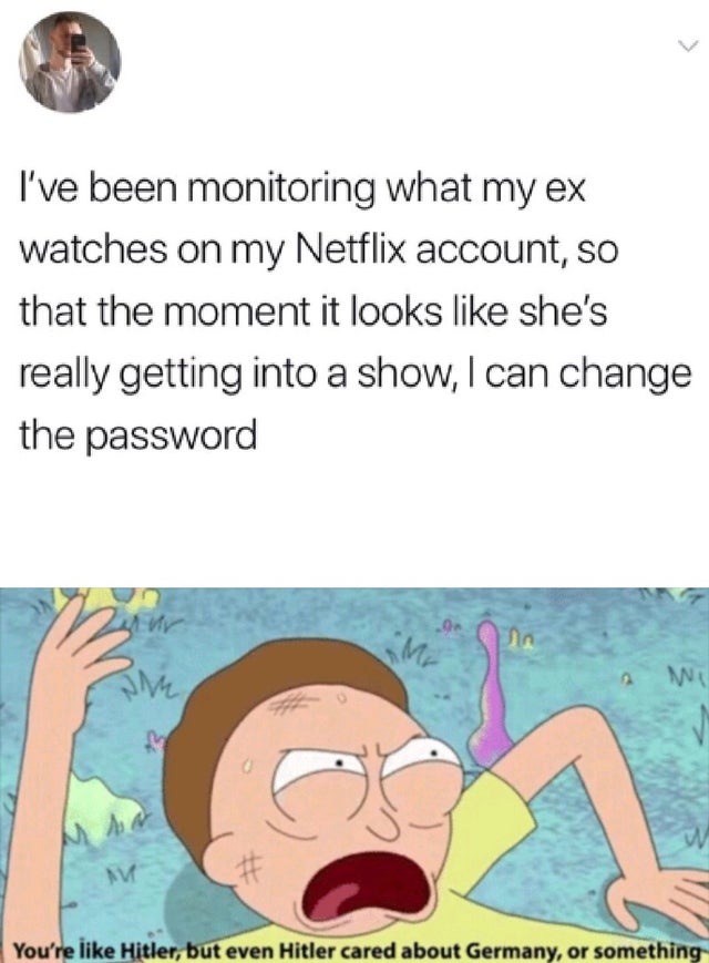 dank - you re like hitler but even hitler cared about germany or something meme - I've been monitoring what my ex watches on my Netflix account, so that the moment it looks she's really getting into a show, I can change the password We You're Hitler, but 