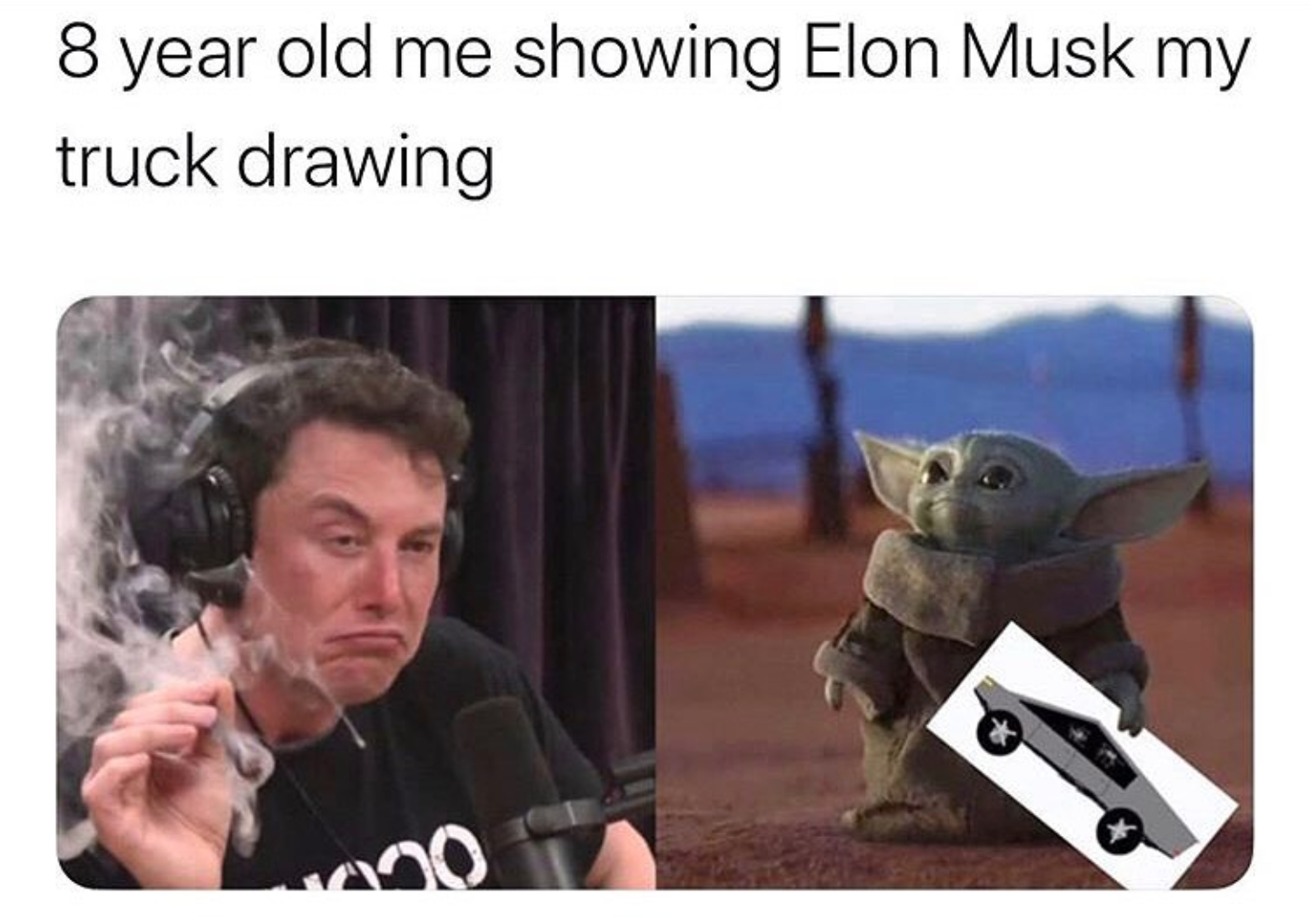 8 year old me showing Elon Musk my truck drawing - Baby Yoda - Tesla Cybertruck.