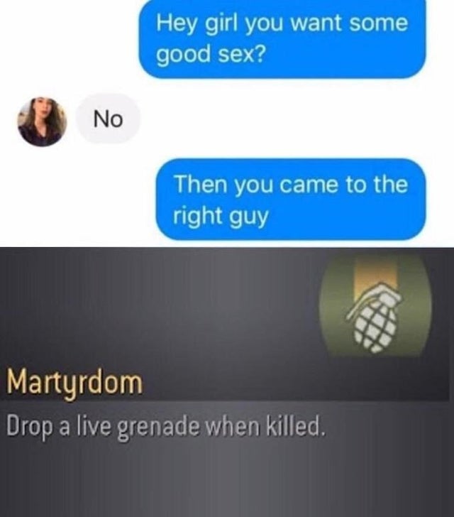 martyrdom meme - Hey girl you want some good sex? No Then you came to the right guy Martyrdom Drop a live grenade when killed.