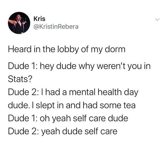 feel-good-meme - angle - Kris Rebera Heard in the lobby of my dorm Dude 1 hey dude why weren't you in Stats? Dude had a mental health day dude. I slept in and had some tea Dude 1 oh yeah self care dude Dude 2 yeah dude self care
