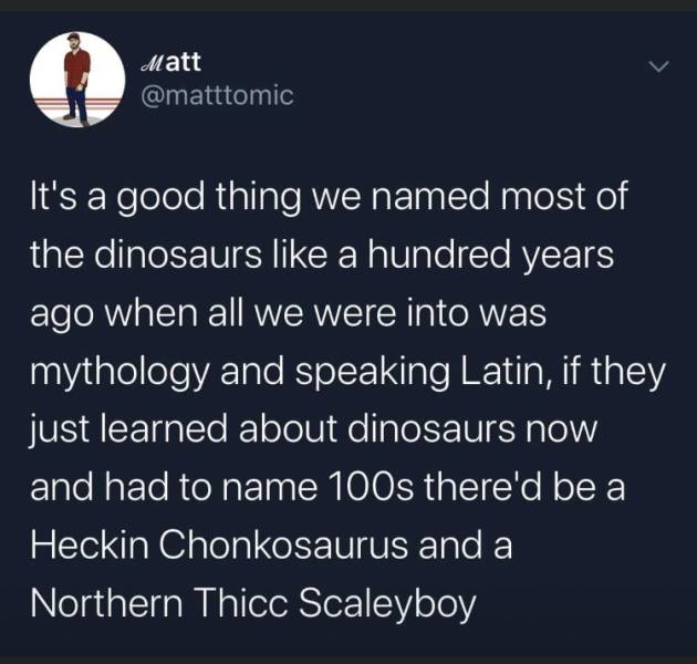 screenshot - Matt 'It's a good thing we named most of the dinosaurs a hundred years ago when all we were into was mythology and speaking Latin, if they just learned about dinosaurs now and had to name 100s there'd be a Heckin Chonkosaurus and a Northern T